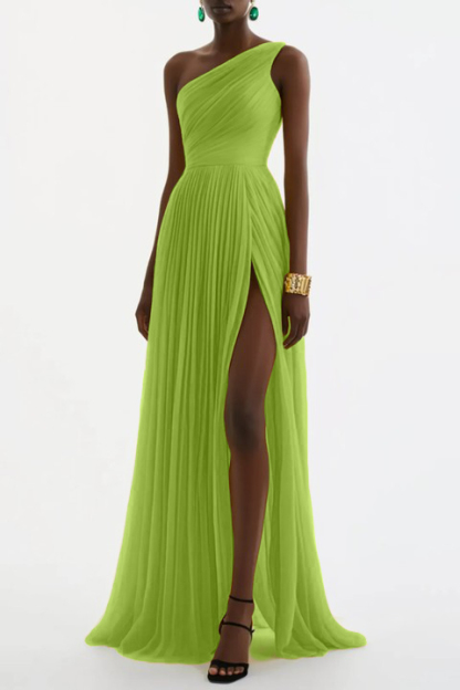 Evening Formal Dress Yellow One Shoulder Pleated Floor-Length Gown