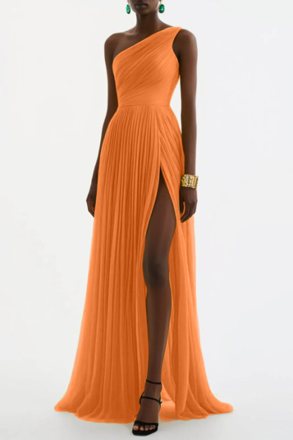 Evening Formal Dress Yellow One Shoulder Pleated Floor-Length Gown