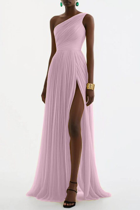 Evening Formal Dress Yellow One Shoulder Pleated Floor-Length Gown