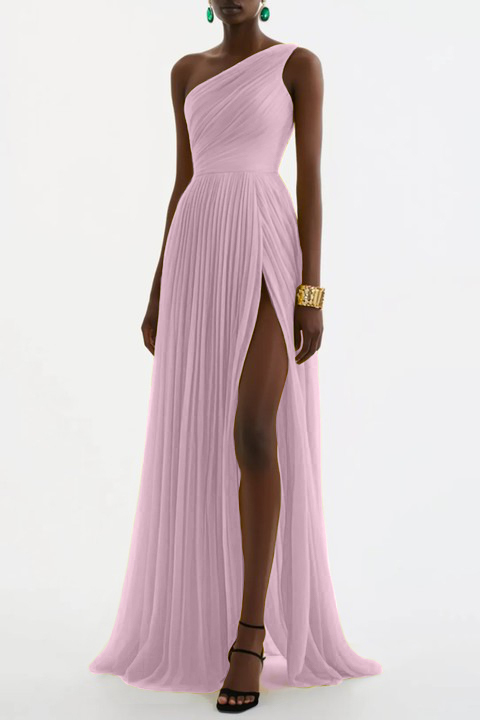 Evening Formal Dress Yellow One Shoulder Pleated Floor-Length Gown