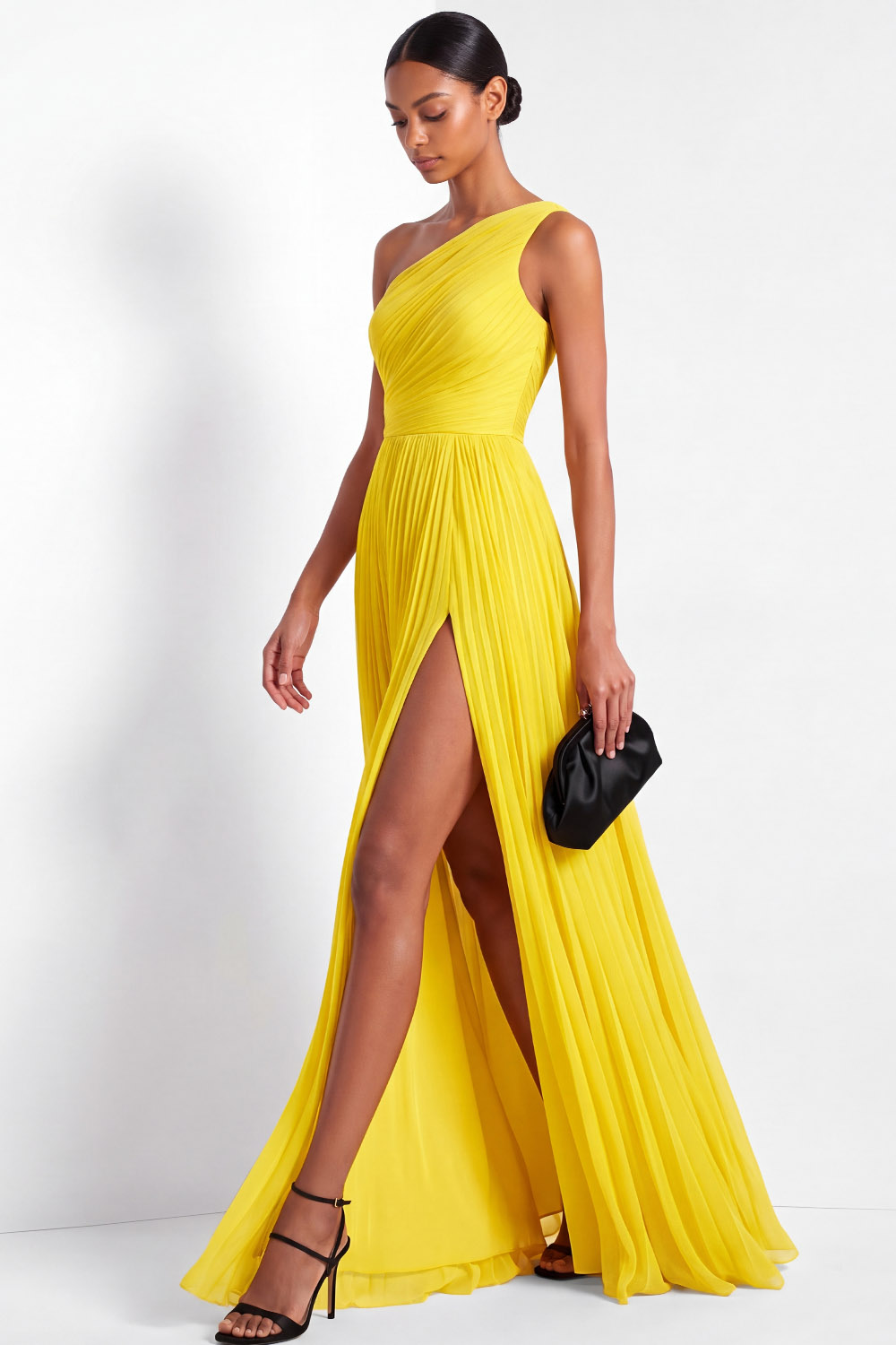 Evening Formal Dress Yellow One Shoulder Pleated Maxi Gown