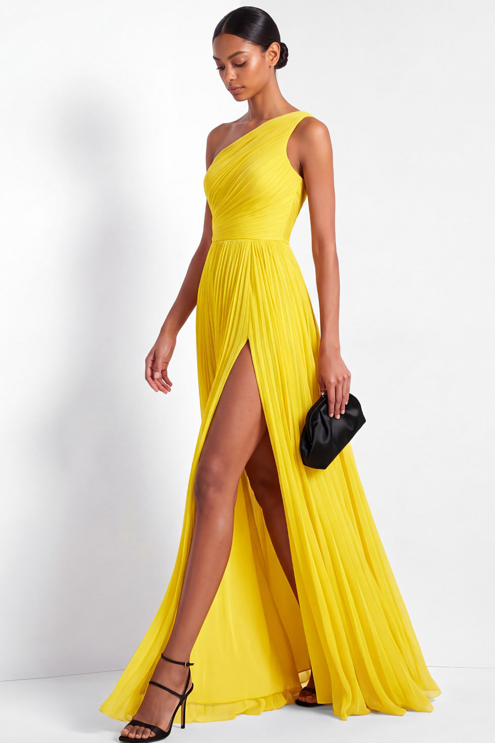 Evening Formal Dress Yellow One Shoulder Pleated Maxi Gown