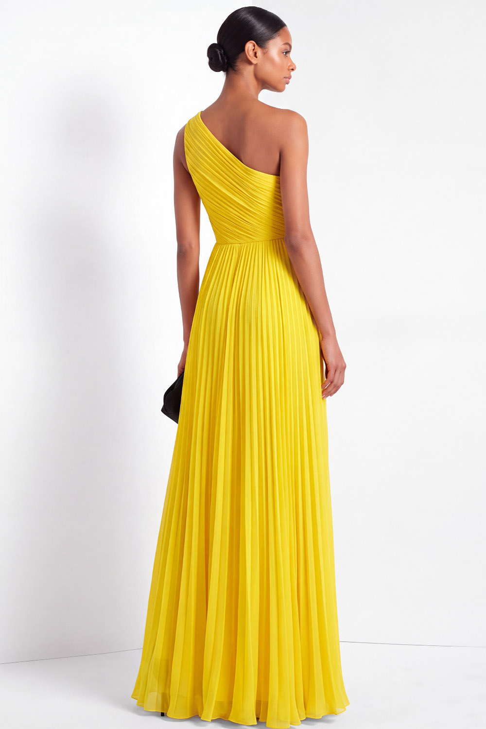 Evening Formal Dress Yellow One Shoulder Pleated Maxi Gown