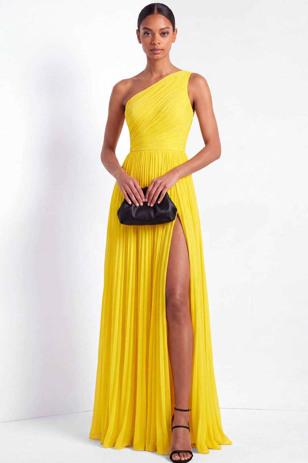 Evening Formal Dress Yellow One Shoulder Pleated Maxi Gown