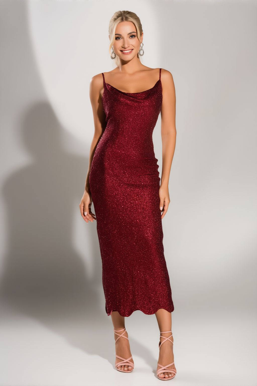 Cocktail Party Dress Red Spaghetti Strap Cowl Neck Stretchy Midi Dress
