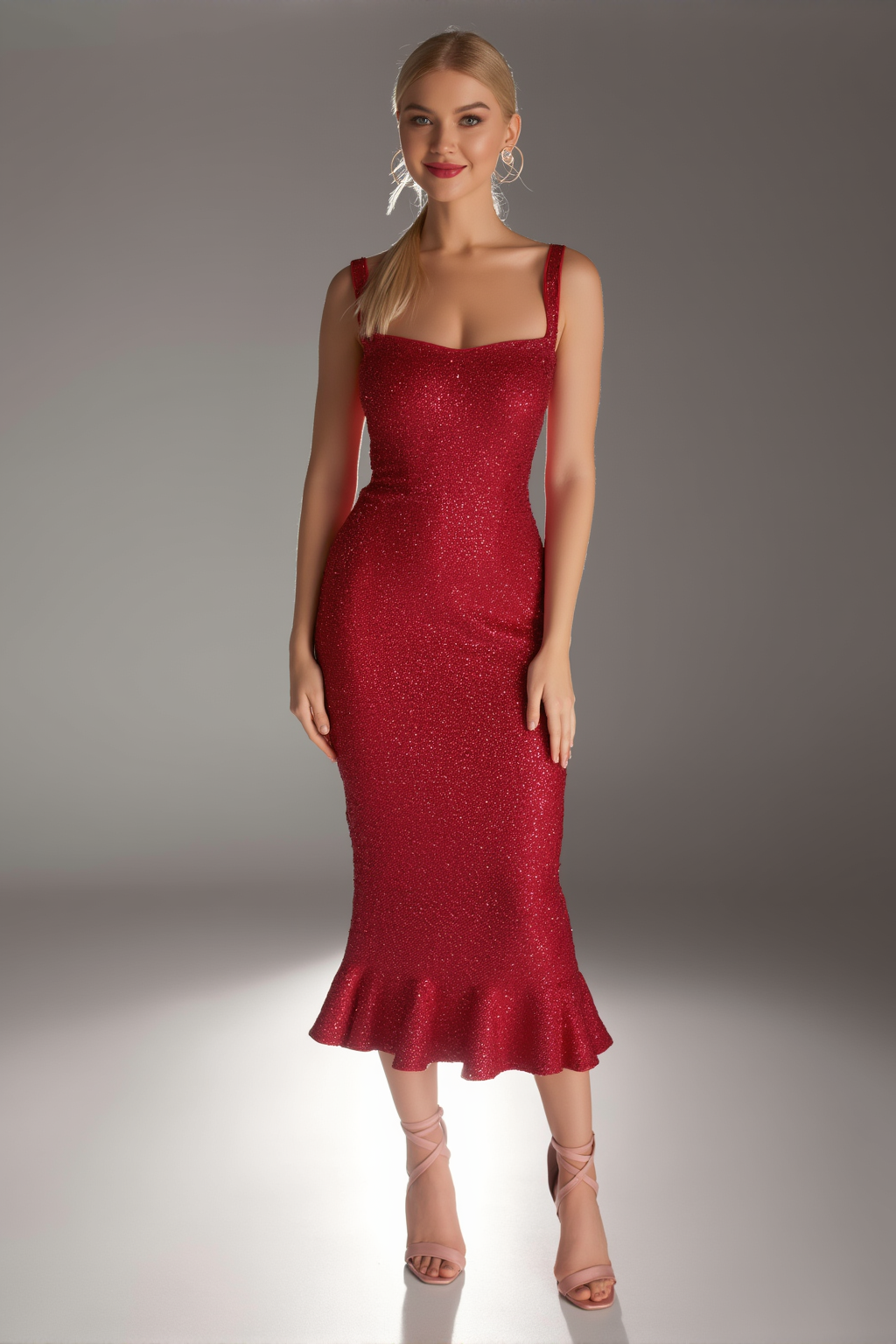 Cocktail Party Dress Red Spaghetti Strap Square Neck Midi Dress