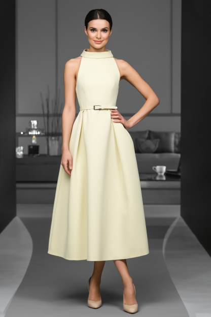 Semi-Formal Party Dress Yellow Sleeveless Stand Neck A-Line Midi Dress