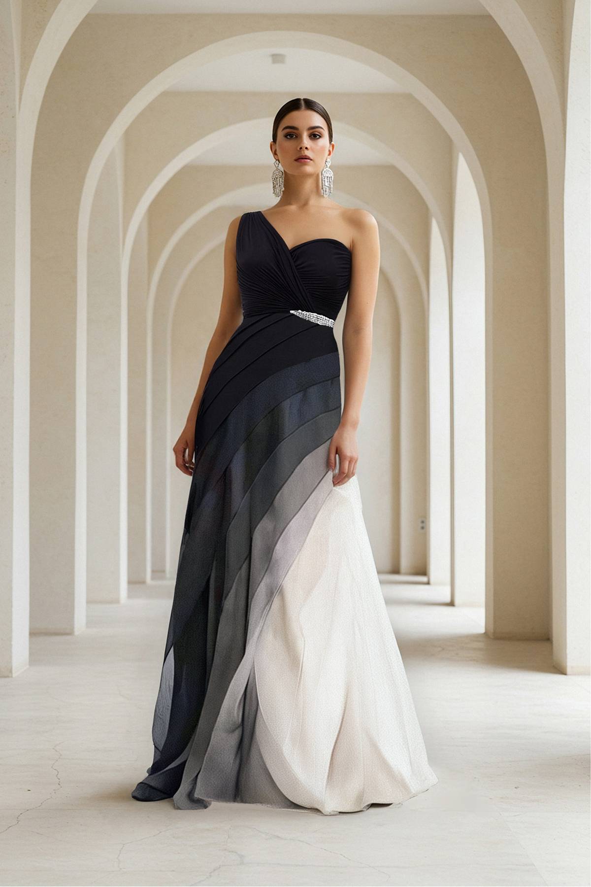 Formal Evening Dress Black White Ombre Floor-Length Gown