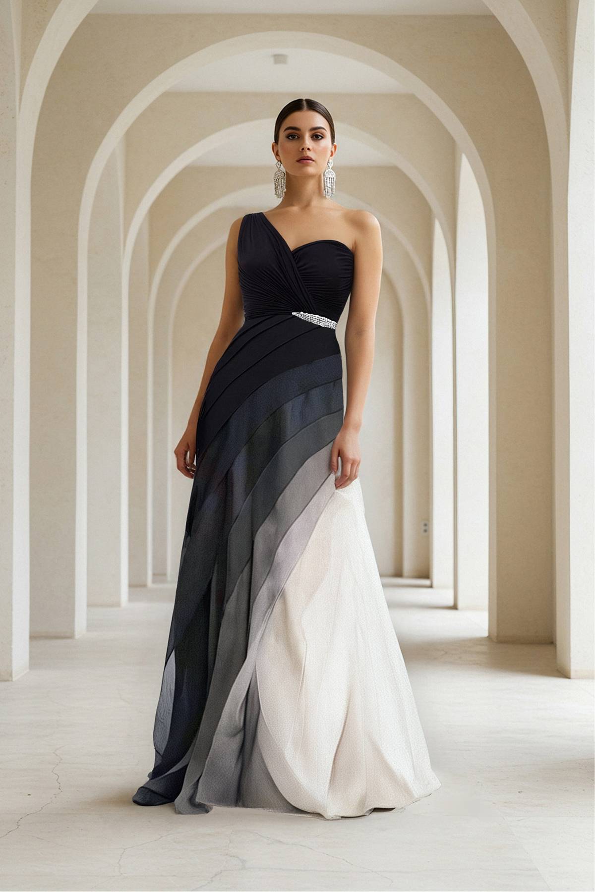Formal Evening Dress Black White Ombre Floor-Length Gown