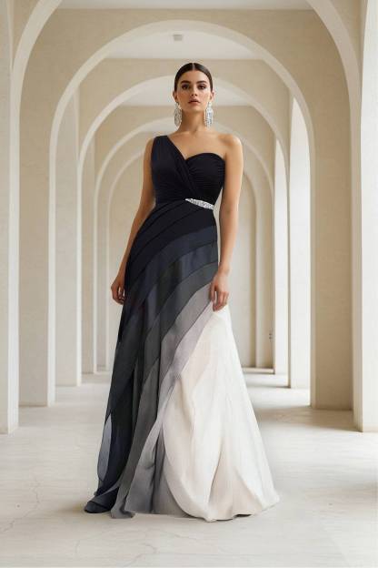 Formal Evening Dress Black White Ombre Floor-Length Gown