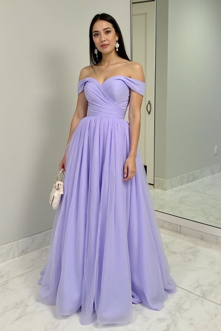 Formal Evening Dress Purple Tulle Off Shoulder A-Line Floor-Length Gown