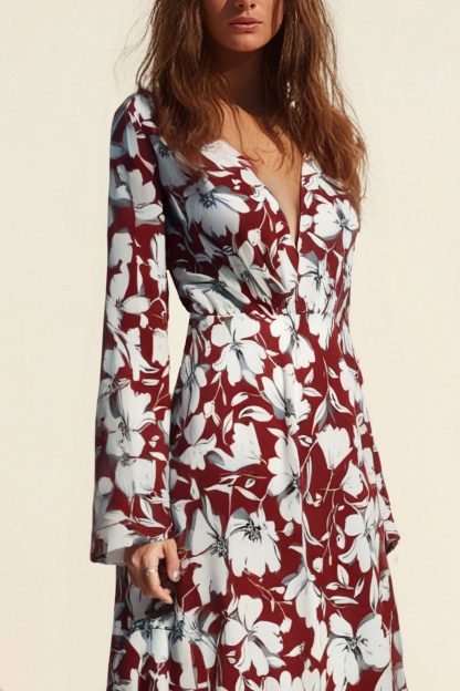 Casual Floral Dress Red Deep V Long Sleeve Floor-Length Dress
