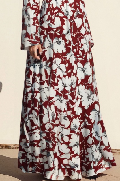 Casual Floral Dress Red Deep V Long Sleeve Floor-Length Dress