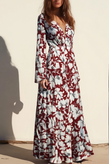 Casual Floral Dress Red Deep V Long Sleeve Floor-Length Dress