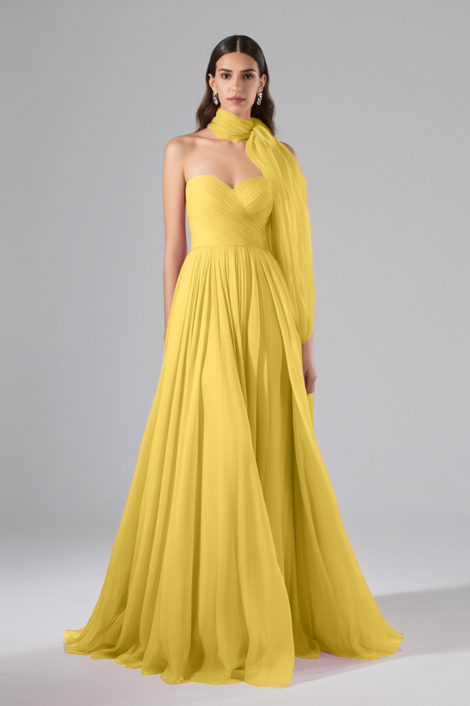 Formal Evening Mesh Dress Pink with Scarf Floor-Length Gown