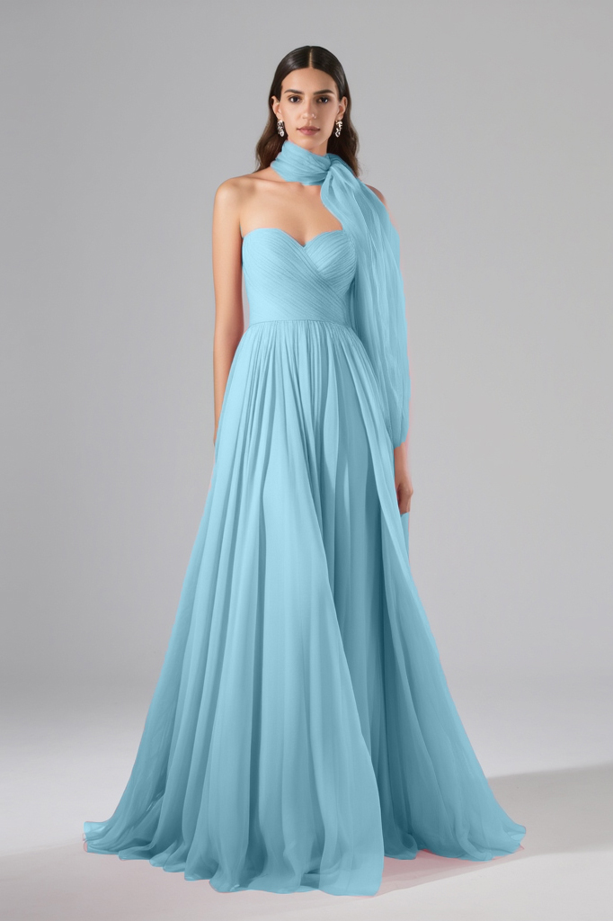 Formal Evening Mesh Dress Pink with Scarf Floor-Length Gown