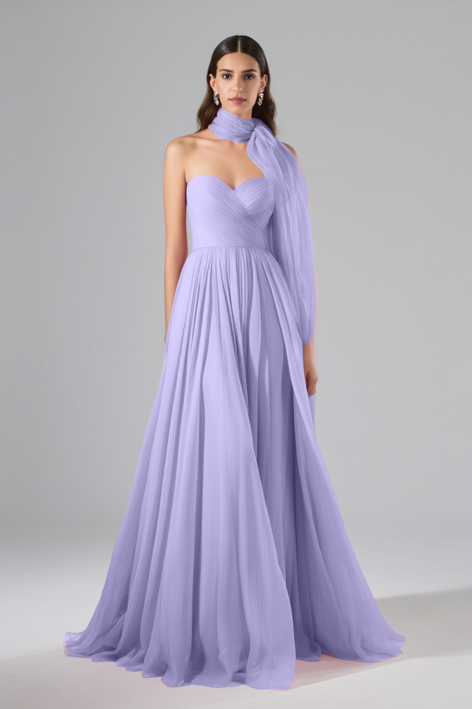 Formal Evening Mesh Dress Pink with Scarf Floor-Length Gown