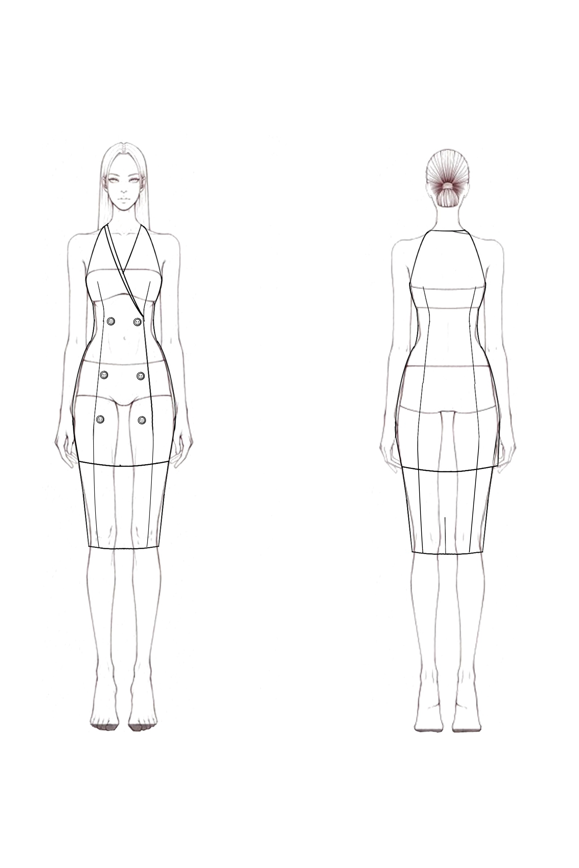 Work Dress Black White Double Breasted Knee-Length Sheath Dress