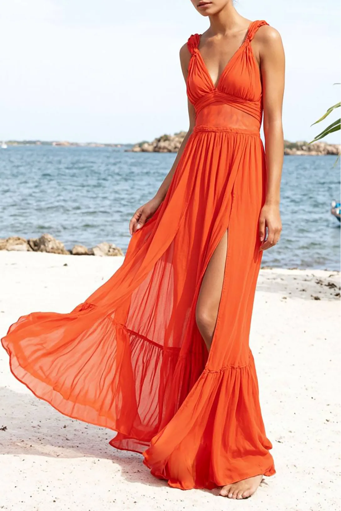 Bohemian Vacation Spaghetti Strap Dress Orange V-Neck Side Slit Maxi D
