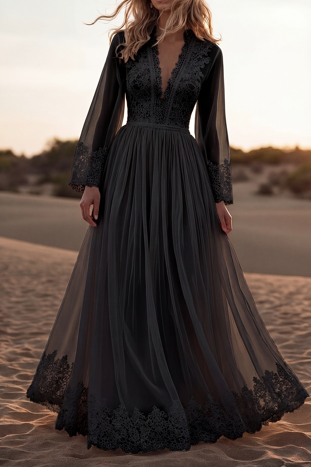 Bohemian Lace Dress White Deep V Long Sleeve Maxi Dress