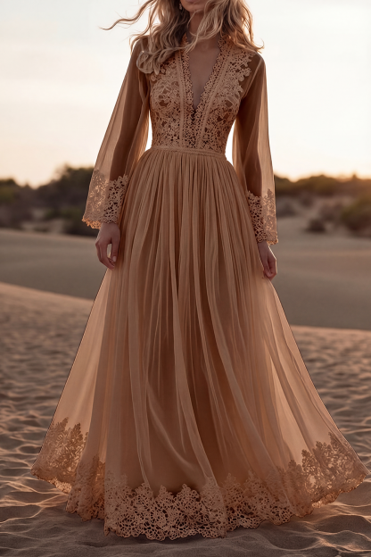 Bohemian Lace Dress White Deep V Long Sleeve Maxi Dress