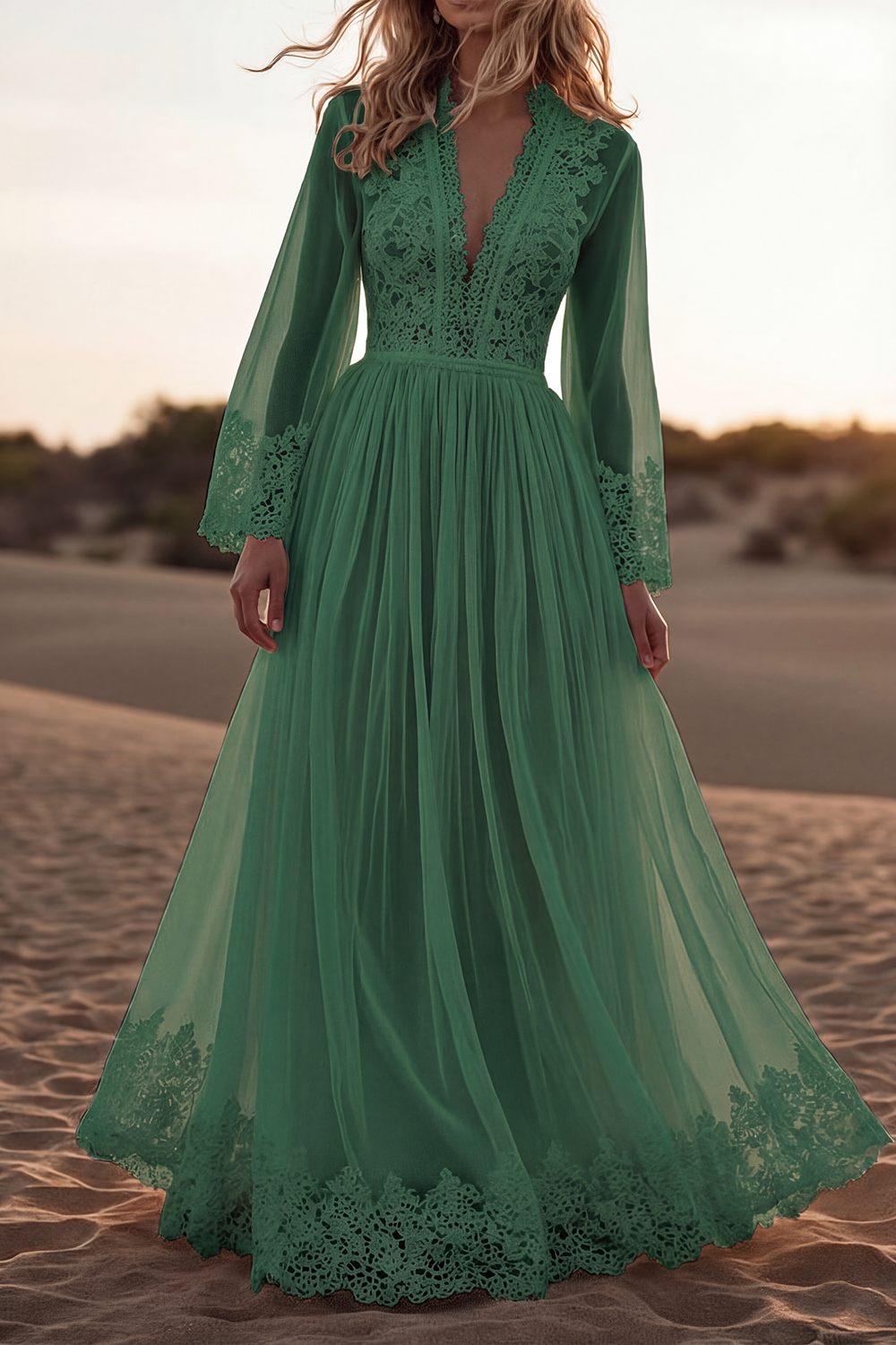 Bohemian Lace Dress White Deep V Long Sleeve Maxi Dress