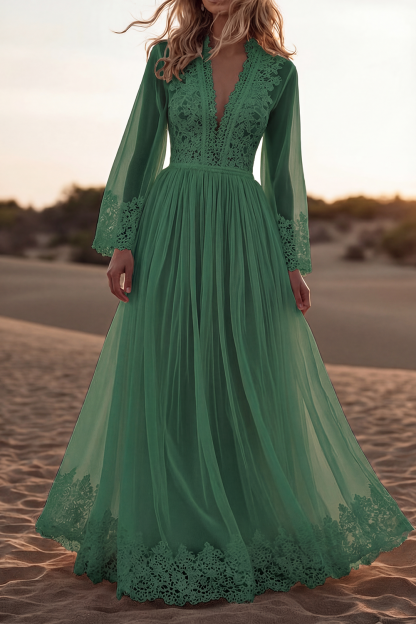 Bohemian Lace Dress White Deep V Long Sleeve Maxi Dress