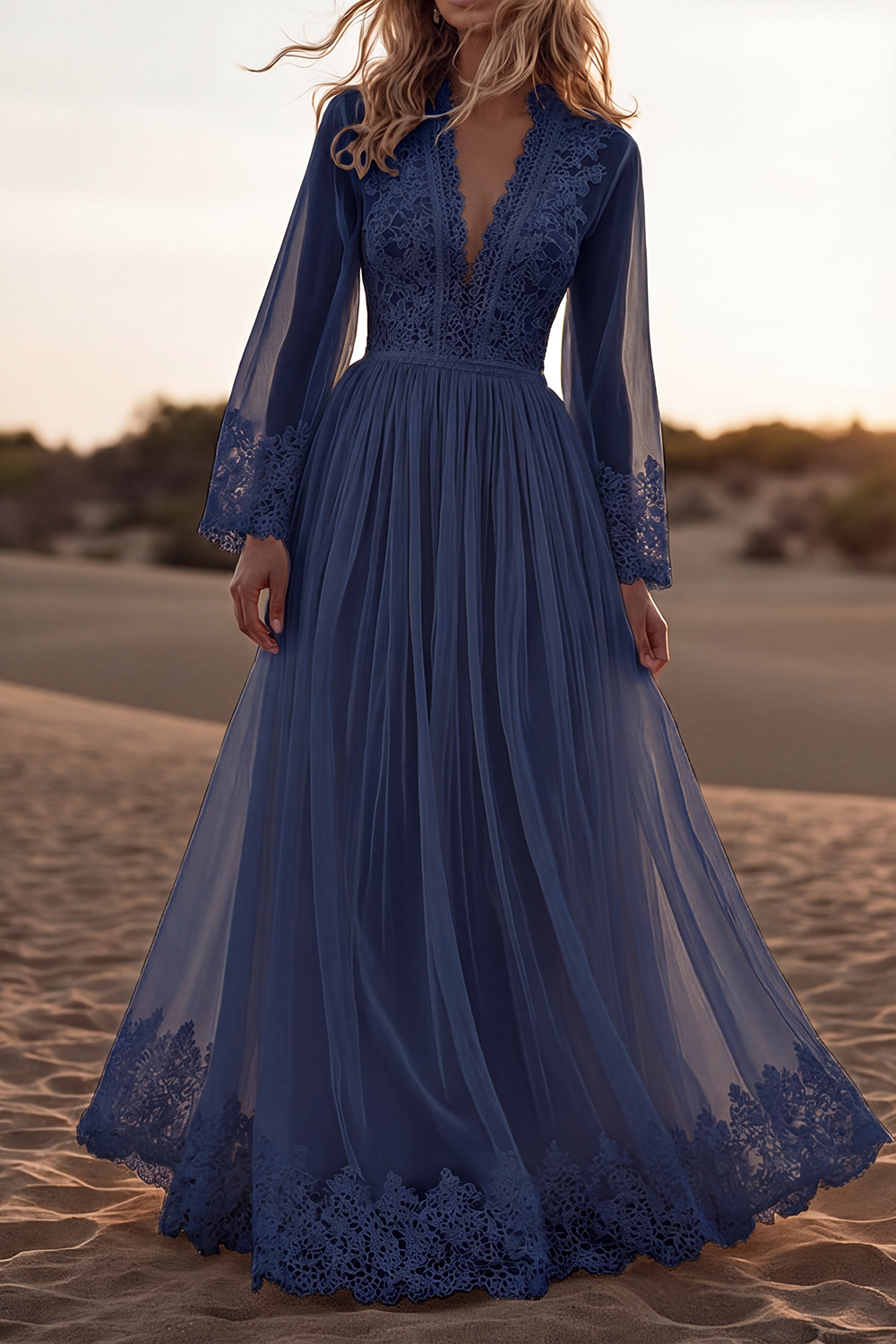 Bohemian Lace Dress White Deep V Long Sleeve Maxi Dress