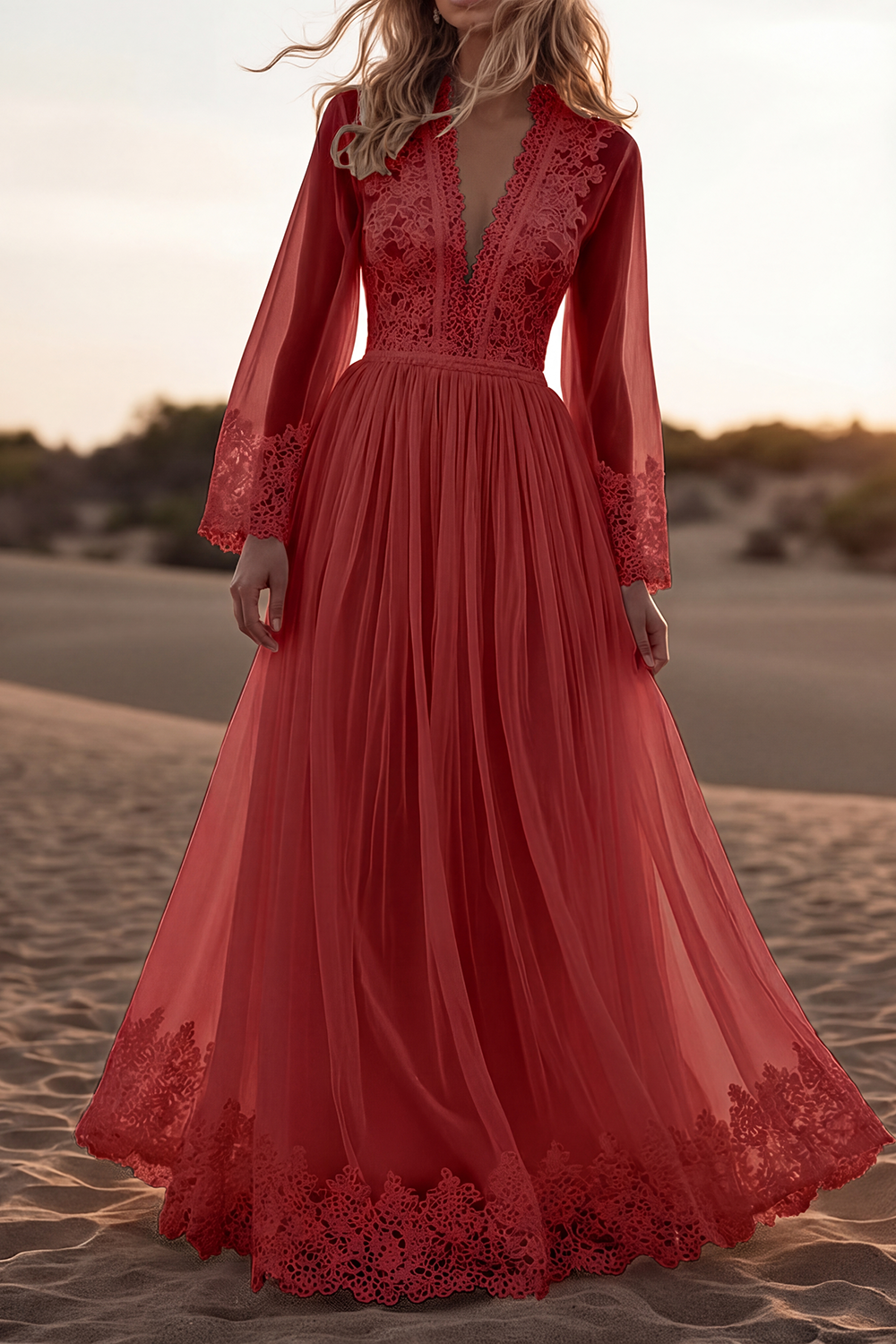 Bohemian Lace Dress White Deep V Long Sleeve Maxi Dress