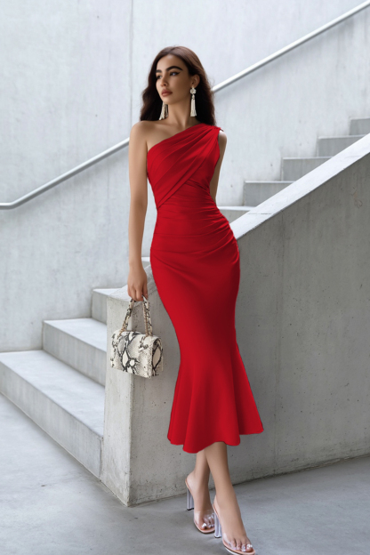 ​Wedding Guest Semi Formal Satin Dress​​ Champagne One Shoulder Trumpet Mermaid Dress