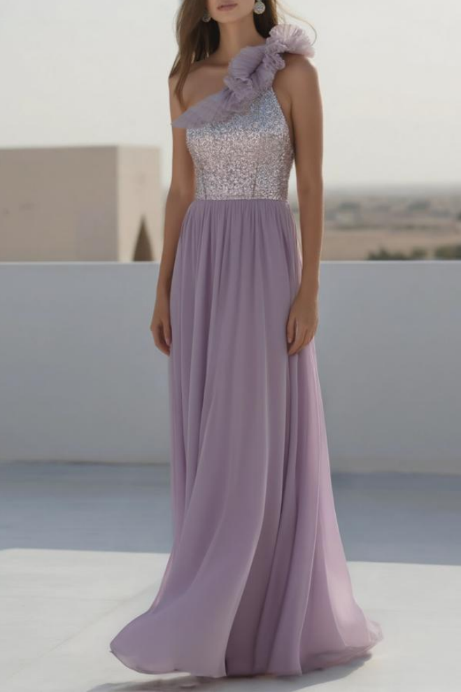 Evening Formal Dress​​ Purple One Shoulder Floor-Length Sequin Dress