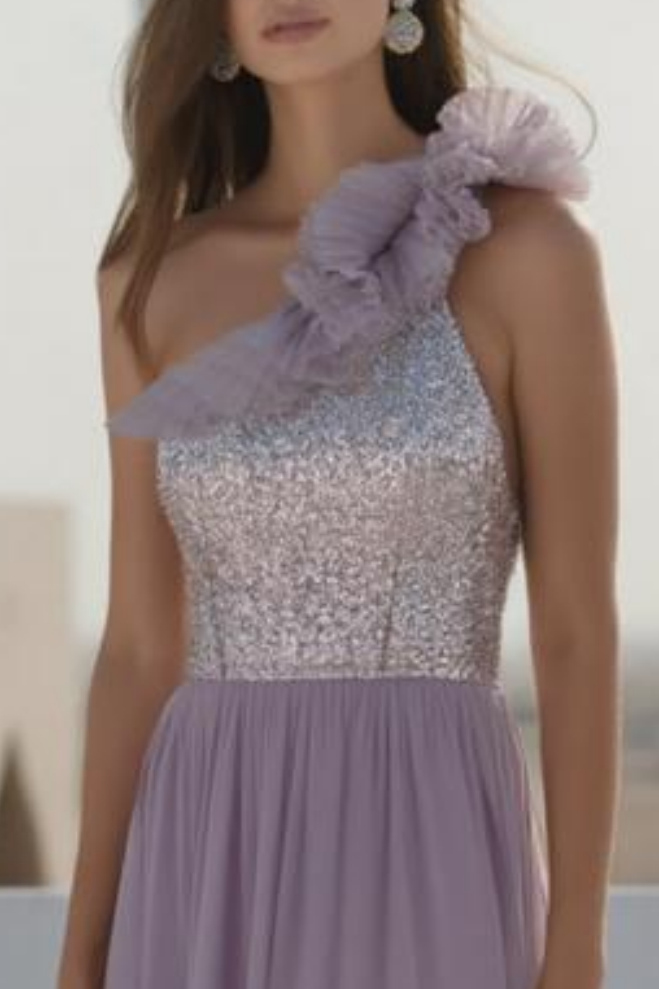 Evening Formal Dress​​ Purple One Shoulder Floor-Length Sequin Dress