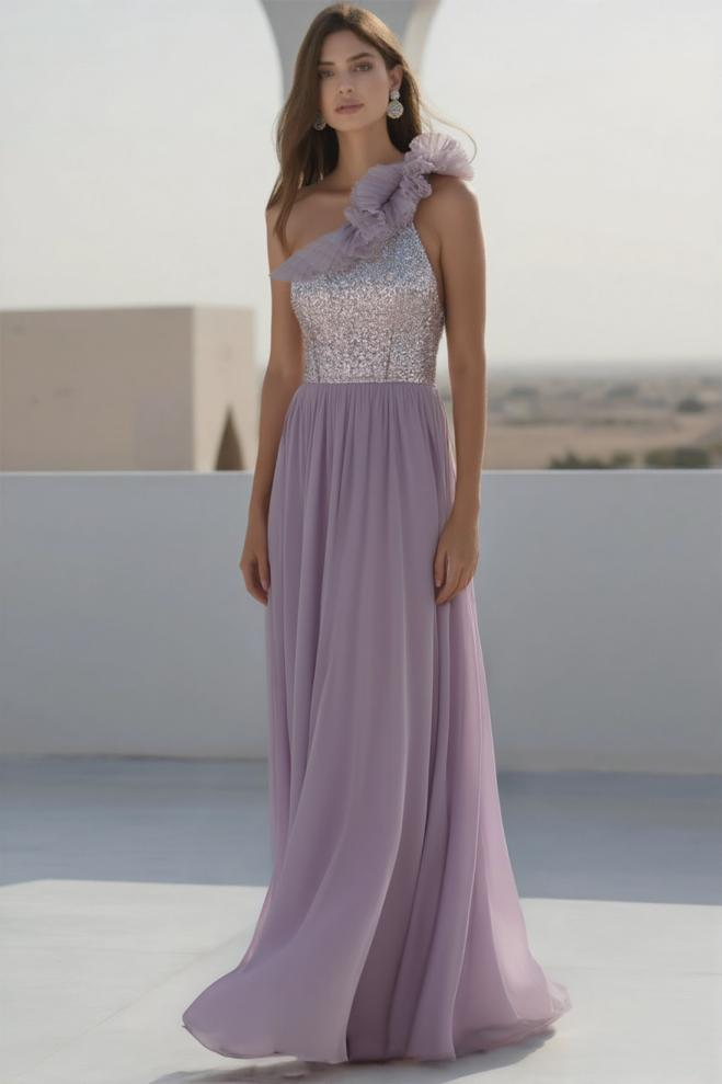 Evening Formal Dress Purple One Shoulder Floor-Length Sequin Dress