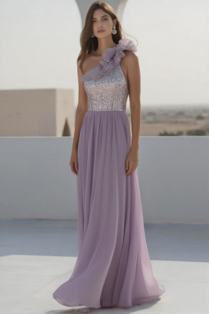 Evening Formal Dress​​ Purple One Shoulder Floor-Length Sequin Dress