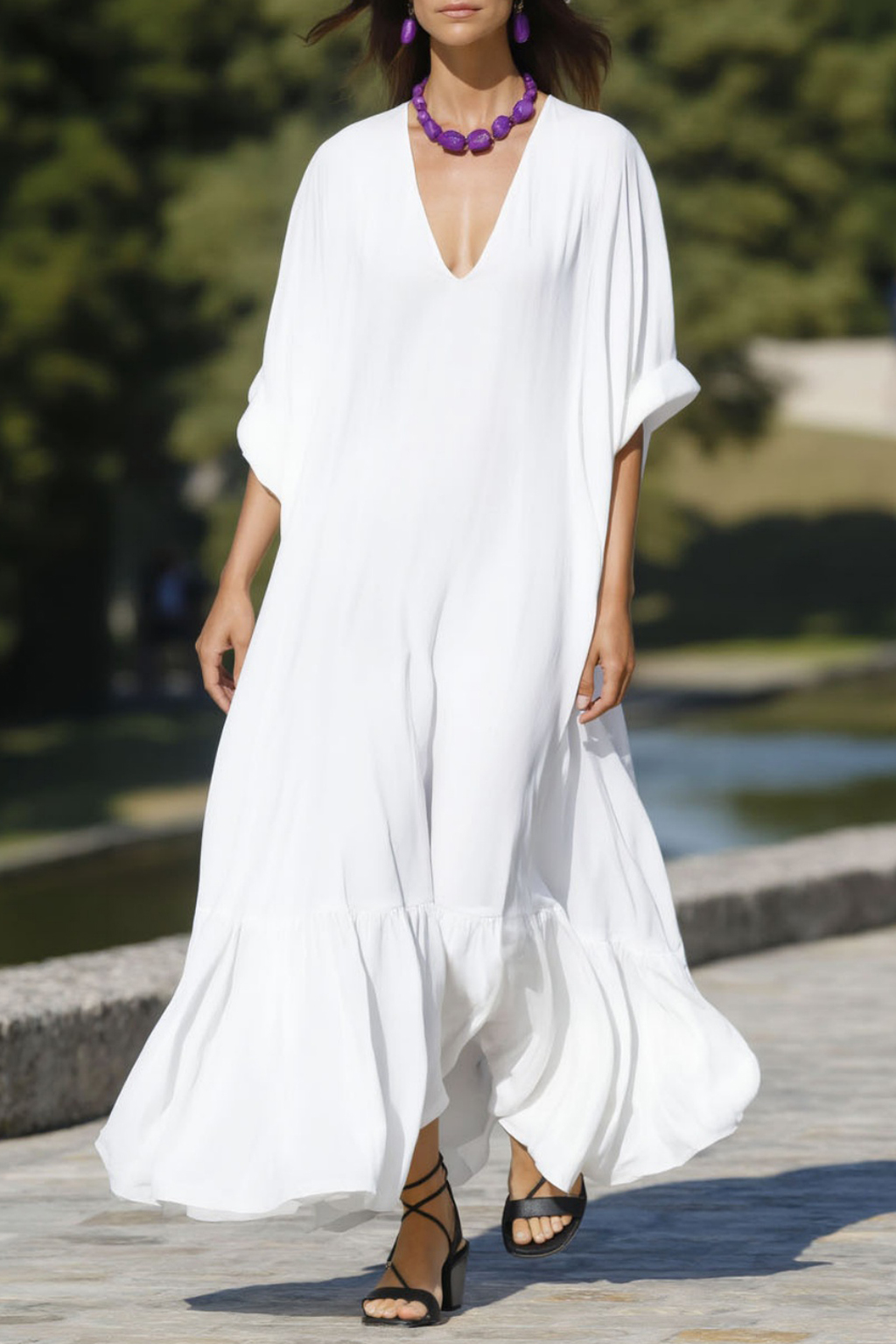 Vacation Holiday Dress​ White V Neck Ruffle Maxi Dress