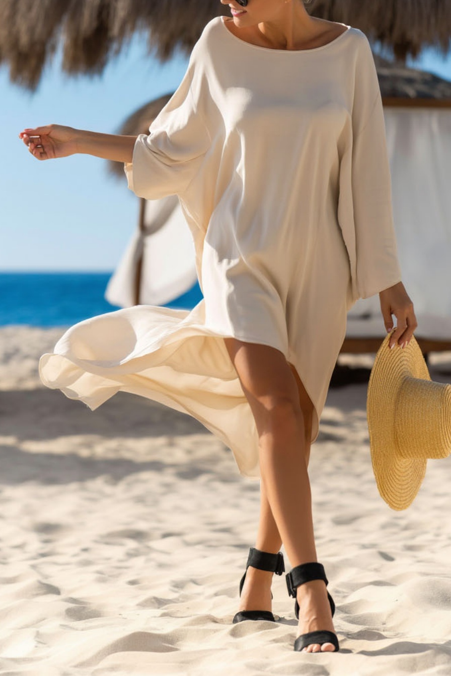 Bohemian Vacation Beach Sundress​ Apricot Crew Neck Midi Dress