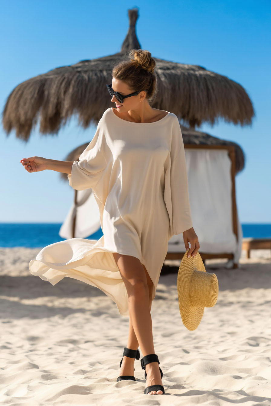 Bohemian Vacation Beach Sundress Apricot Crew Neck Midi Dress