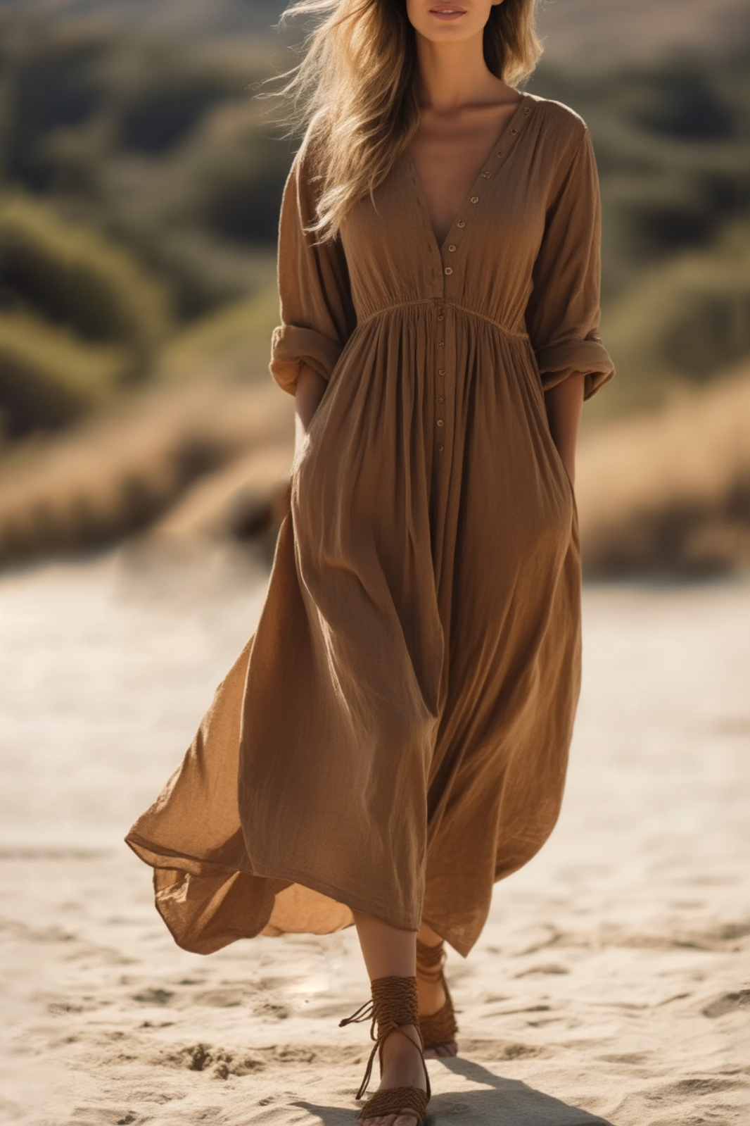 Bohemian Holiday Dress Brown Long Sleeve Pocket Maxi Dress