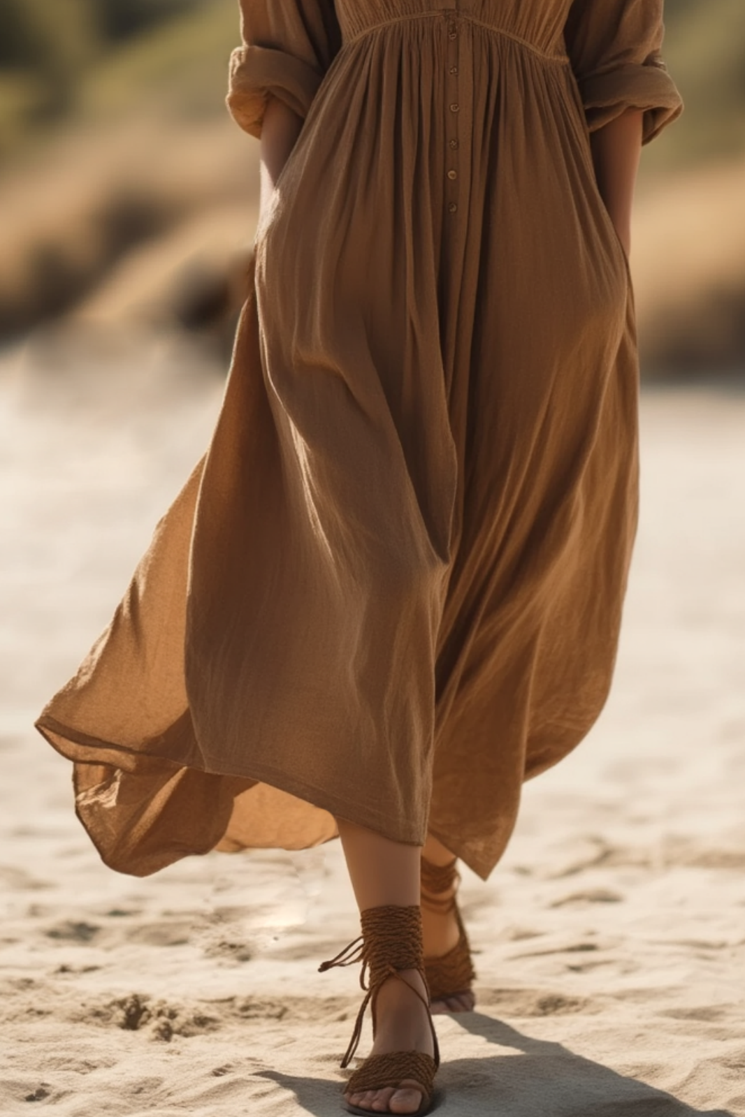 Bohemian Holiday Dress Brown Long Sleeve Pocket Maxi Dress
