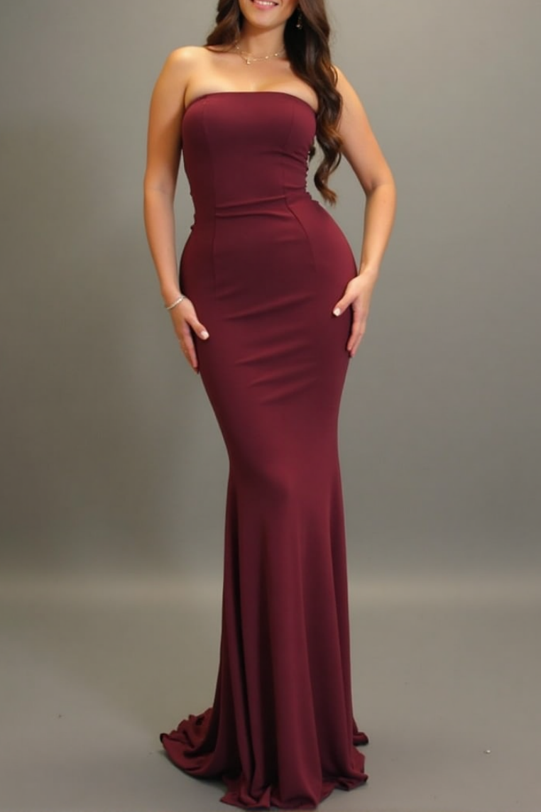 Party ​Semi Formal Dress​ Burgundy Strapless Floor-Length Sheath Dress