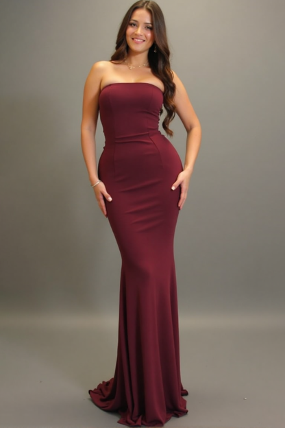 Party ​Semi Formal Dress​ Burgundy Strapless Floor-Length Sheath Dress