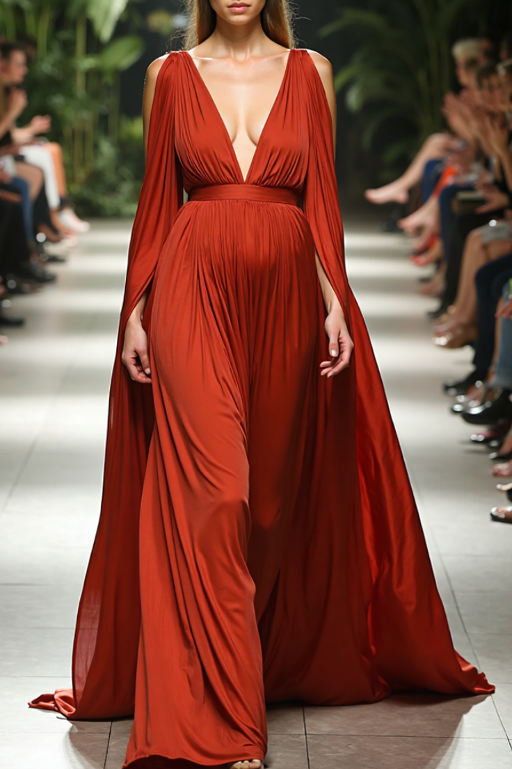 Evening Formal Dress​​ Red Deep V Floor-Length Satin Dress