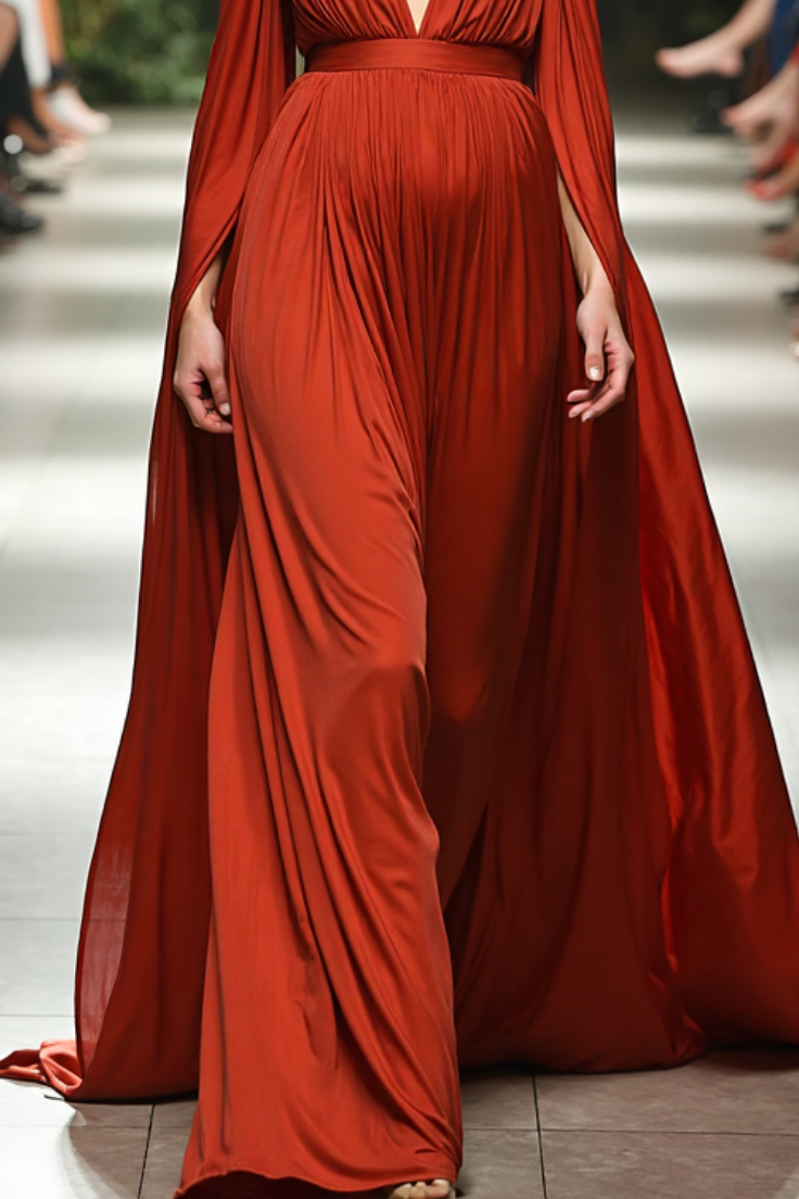 Evening Formal Dress​​ Red Deep V Floor-Length Satin Dress