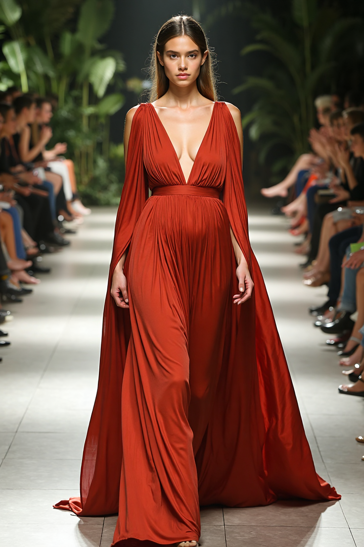 Evening Formal Dress Red Deep V Floor-Length Satin Dress