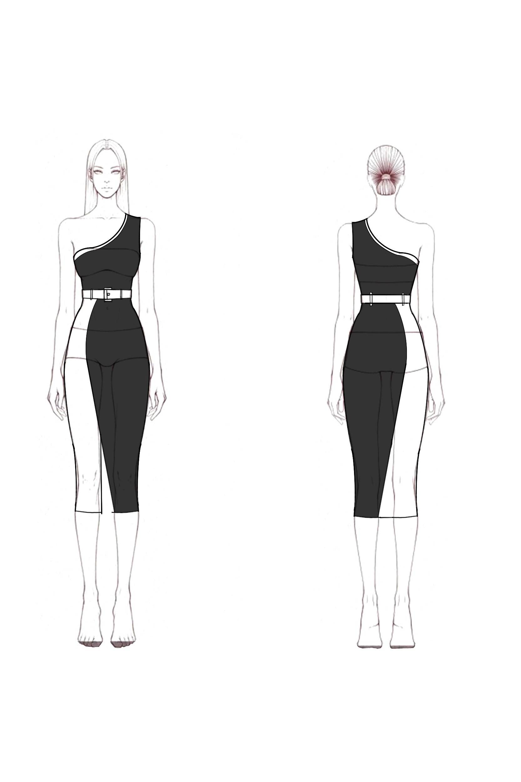 Work Dress​​ Black White One Shoulder Belted Knee-Length Sheath Dress