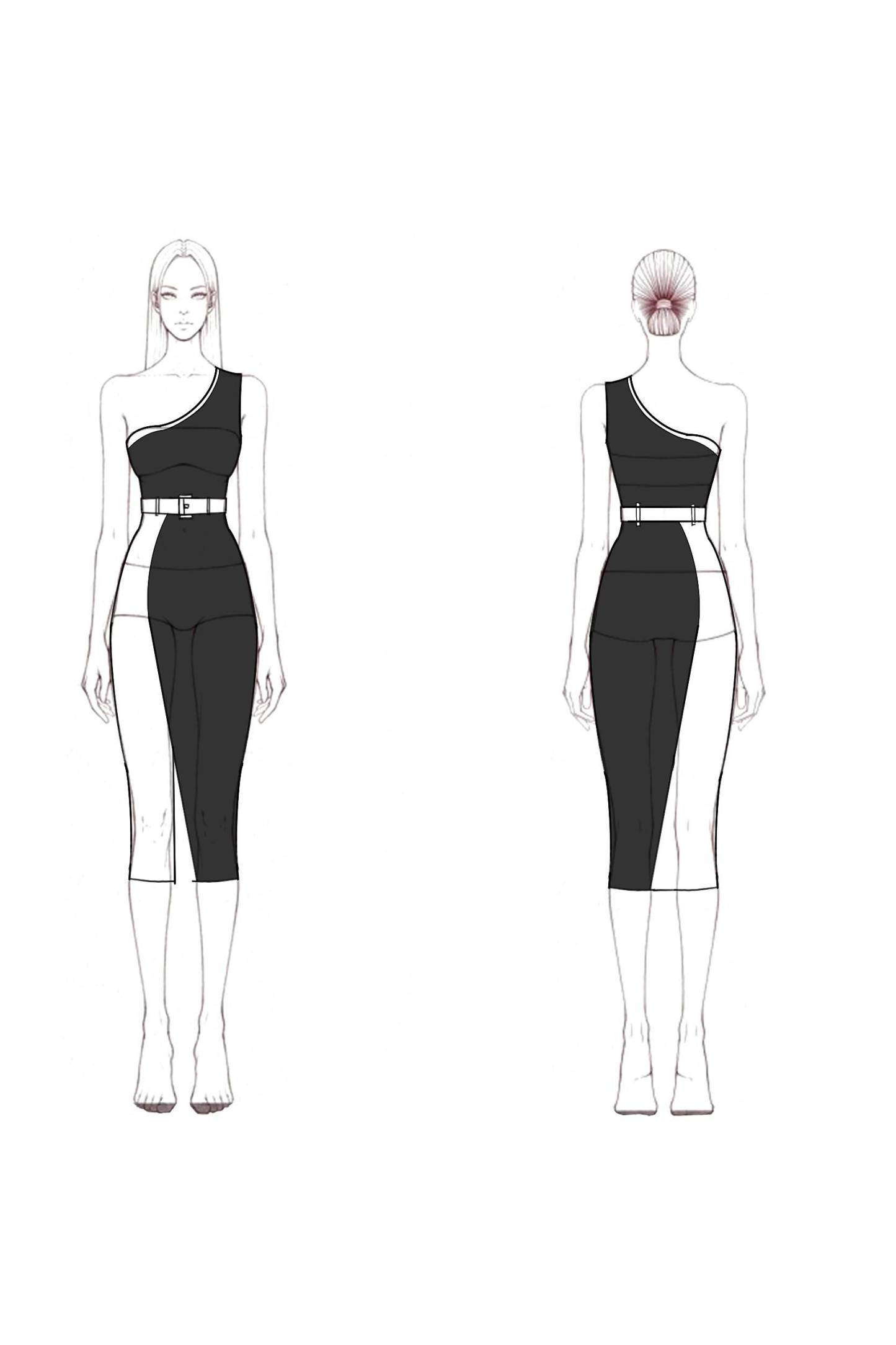 Work Dress​​ Black White One Shoulder Belted Knee-Length Sheath Dress
