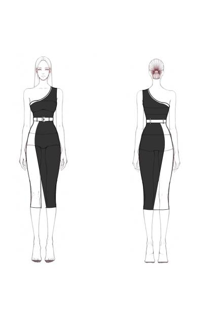 Work Dress​​ Black White One Shoulder Belted Knee-Length Sheath Dress