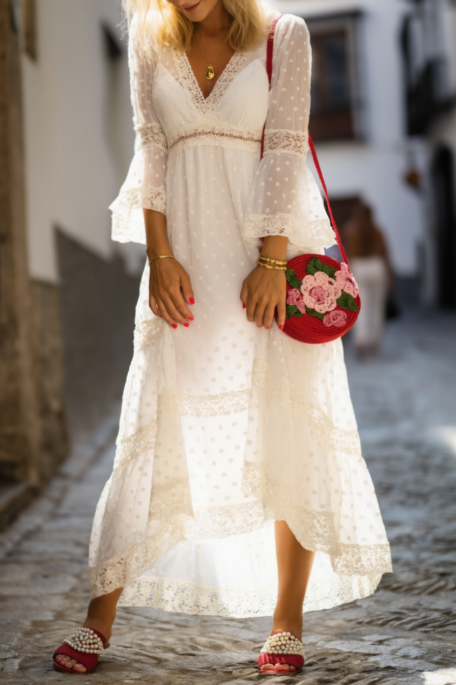 Bohemian Holiday Lace Dress White 3/4 Length Sleeve Maxi Dress