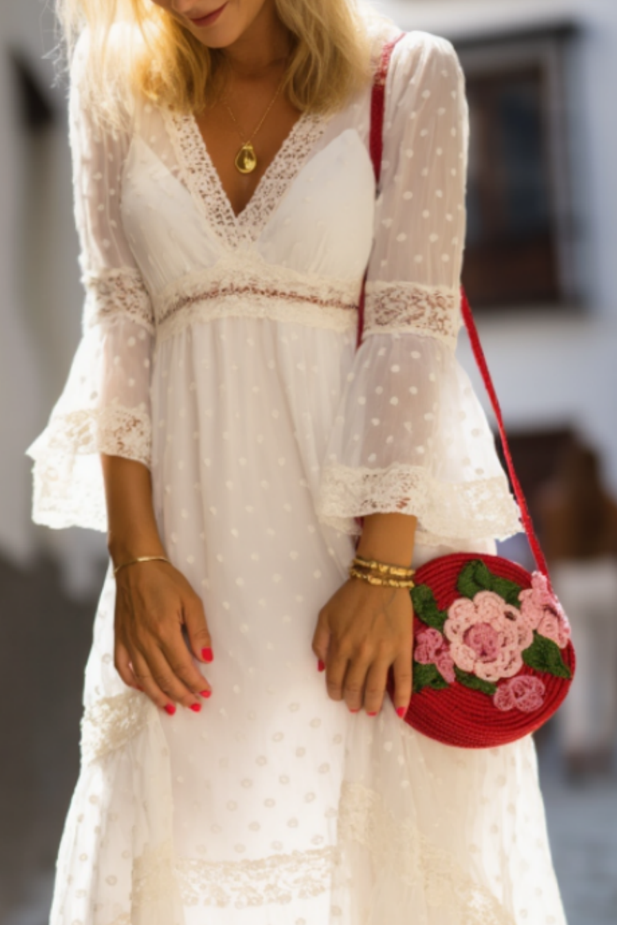 Bohemian Holiday Lace Dress White 3/4 Length Sleeve Maxi Dress