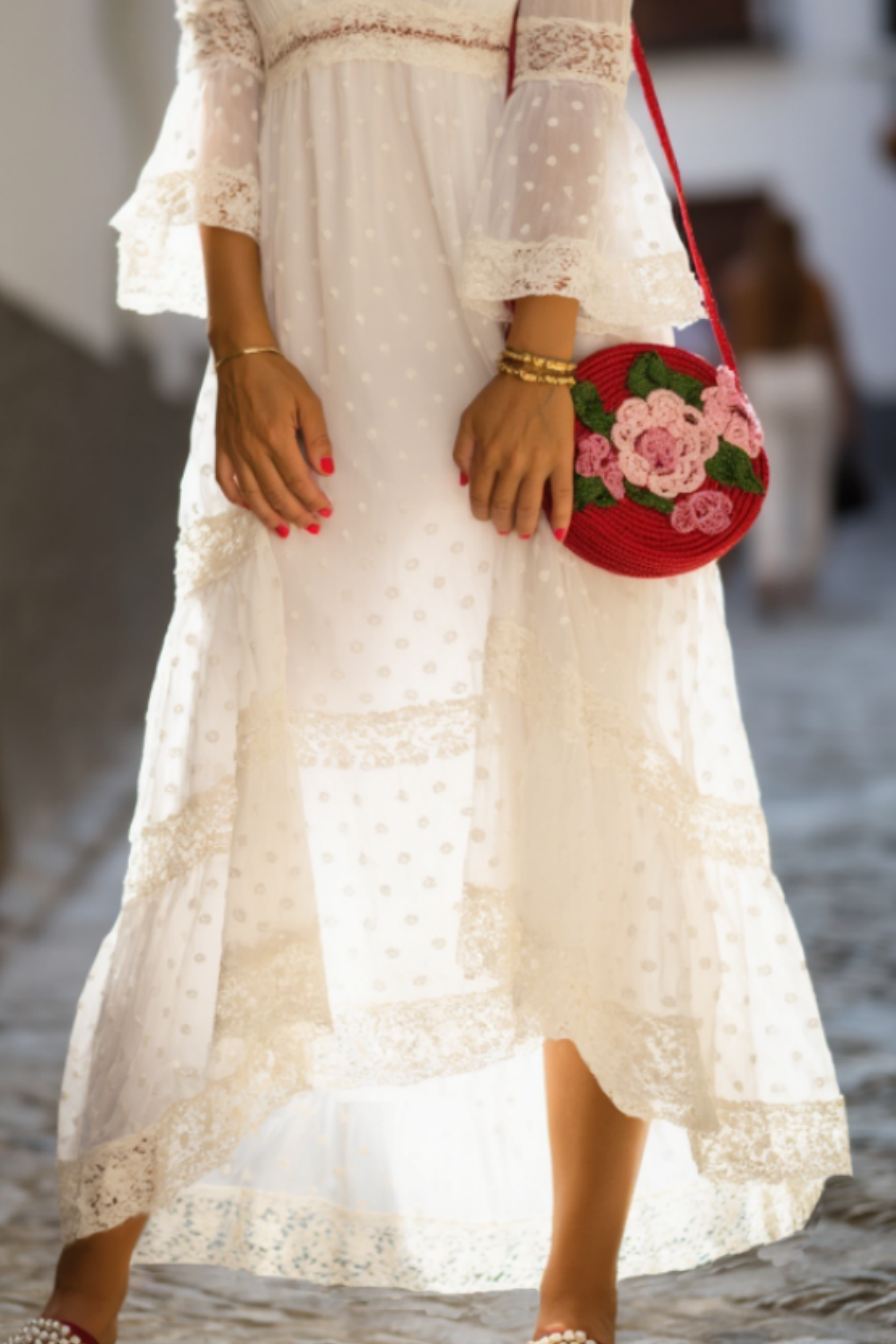 Bohemian Holiday Lace Dress White 3/4 Length Sleeve Maxi Dress